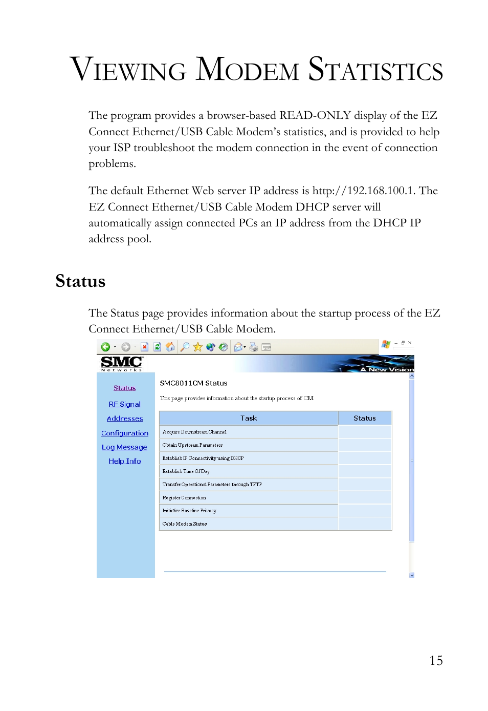 Viewing modem statistics, Status, Iewing | Odem, Tatistics | SMC Networks SMC8011CM User Manual | Page 23 / 36