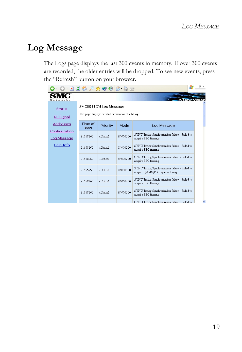 Log message | SMC Networks SMC8011CM User Manual | Page 27 / 36