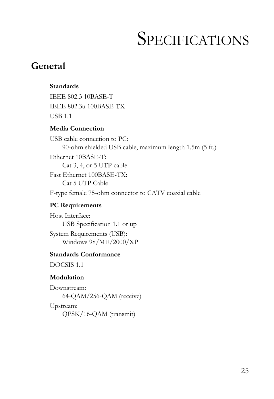 Specifications, Pecifications, General | SMC Networks SMC8011CM User Manual | Page 33 / 36