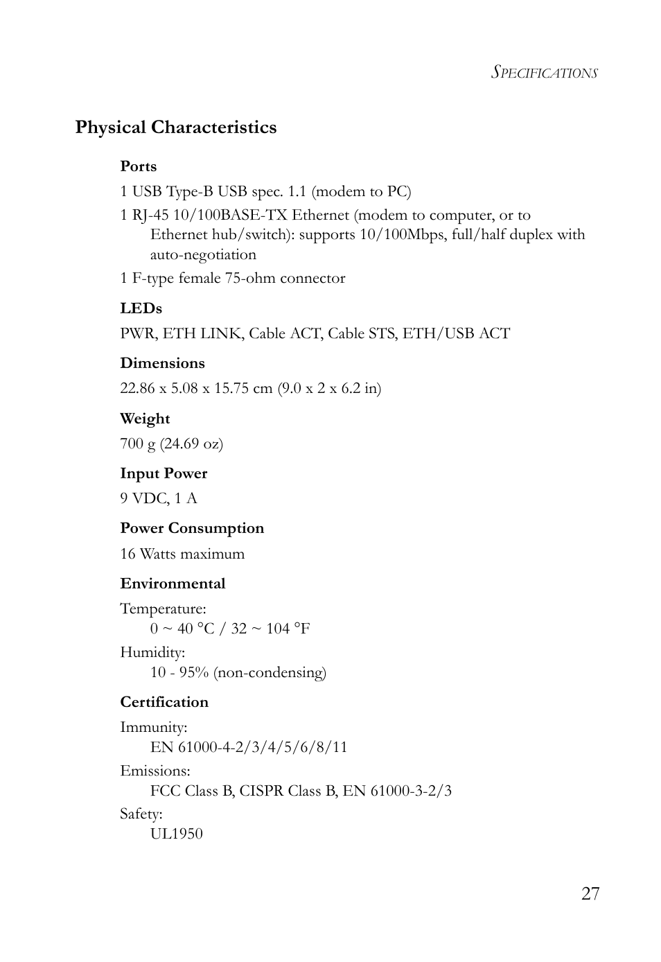 27 physical characteristics | SMC Networks SMC8011CM User Manual | Page 35 / 36
