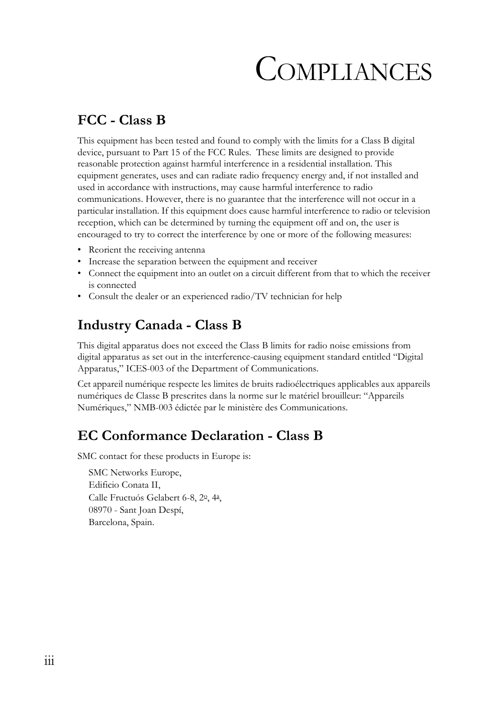 Ompliances | SMC Networks SMC8011CM User Manual | Page 6 / 36