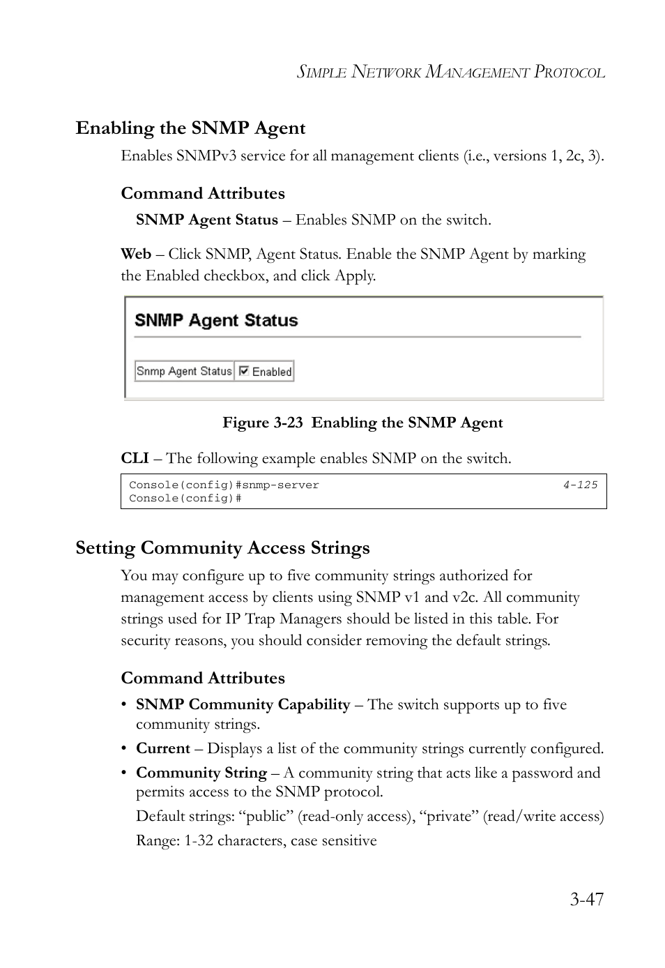 Enabling the snmp agent, Setting community access strings, Figure 3-23 enabling the snmp agent -47 | 47 enabling the snmp agent | SMC Networks SMC Tiger 10/100 SMC6128L2 User Manual | Page 101 / 606