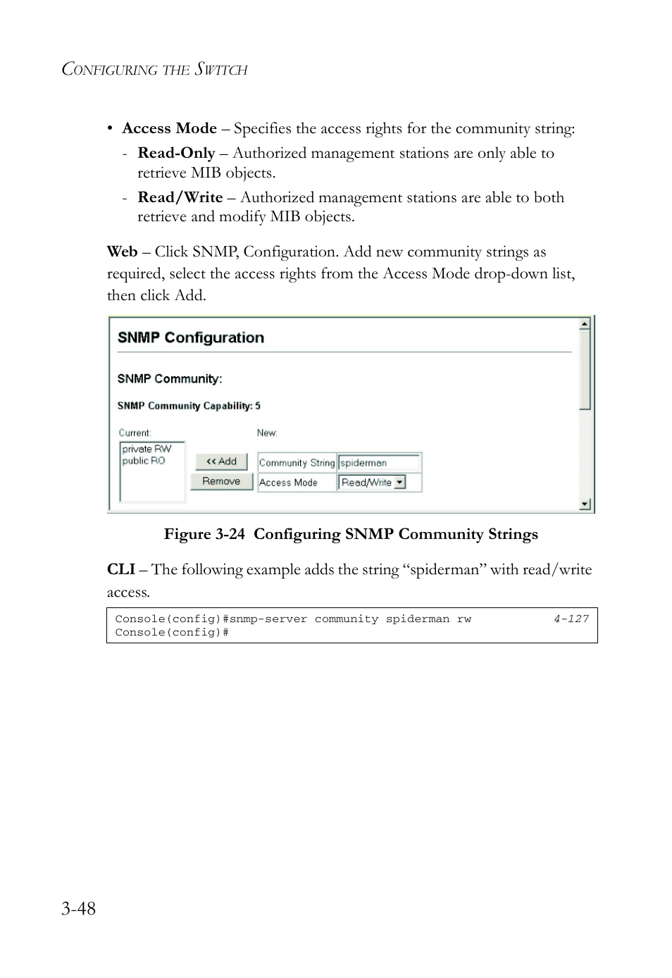Figure 3-24 configuring snmp community strings -48 | SMC Networks SMC Tiger 10/100 SMC6128L2 User Manual | Page 102 / 606