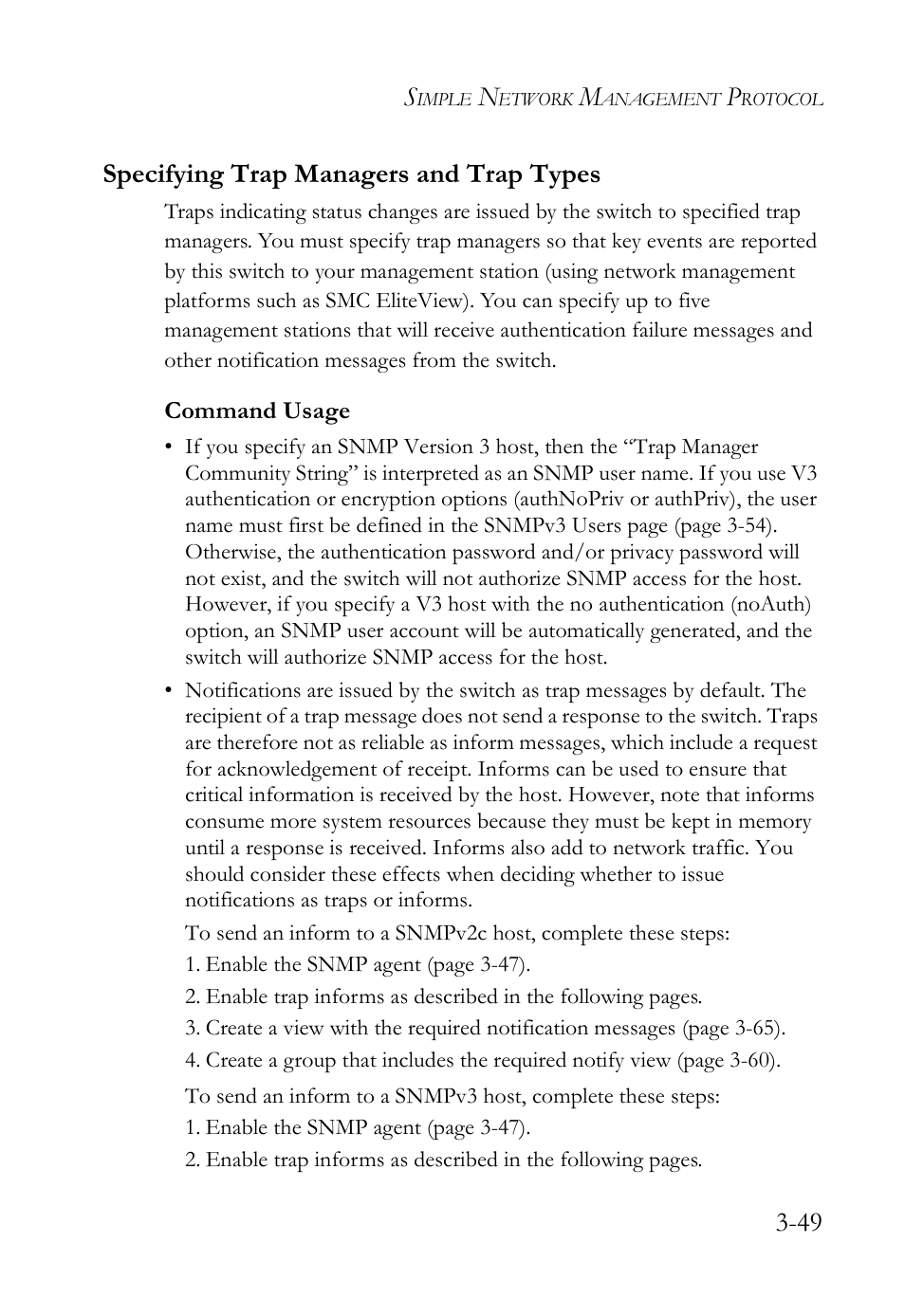 Specifying trap managers and trap types, Specifying trap managers and trap types -49, 49 specifying trap managers and trap types | SMC Networks SMC Tiger 10/100 SMC6128L2 User Manual | Page 103 / 606