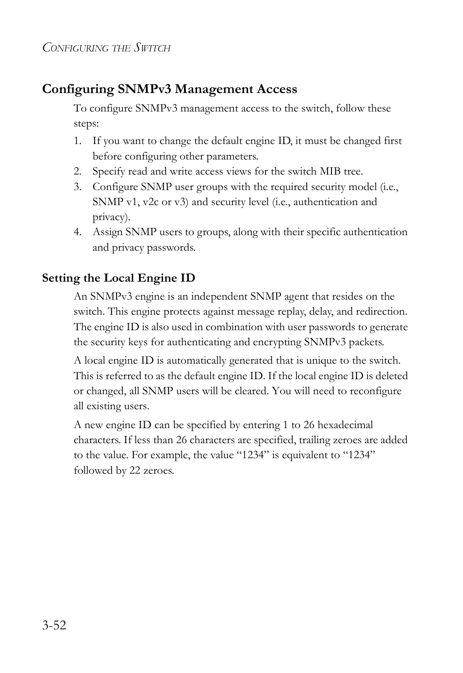 Configuring snmpv3 management access, Setting the local engine id, Configuring snmpv3 management access -52 | Setting the local engine id -52, 52 configuring snmpv3 management access | SMC Networks SMC Tiger 10/100 SMC6128L2 User Manual | Page 106 / 606