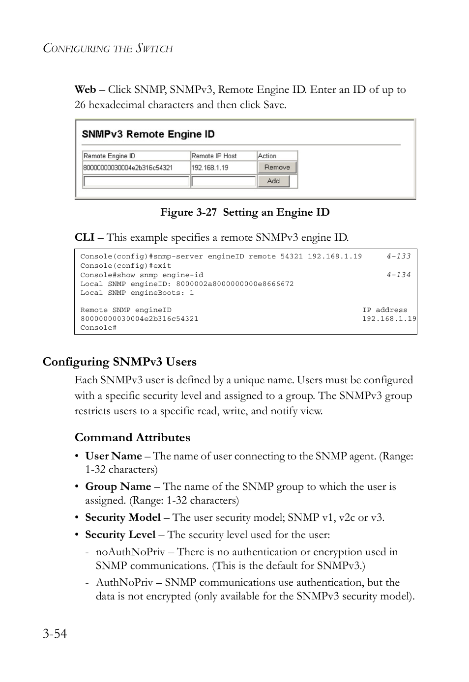 Configuring snmpv3 users, Configuring snmpv3 users -54, Figure 3-27 setting an engine id -54 | Command attributes | SMC Networks SMC Tiger 10/100 SMC6128L2 User Manual | Page 108 / 606