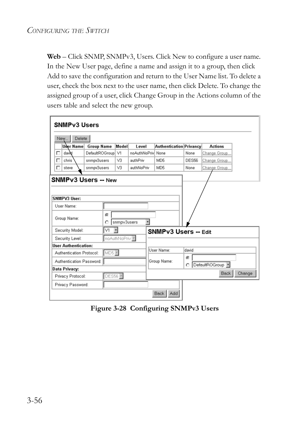 Figure 3-28 configuring snmpv3 users -56 | SMC Networks SMC Tiger 10/100 SMC6128L2 User Manual | Page 110 / 606