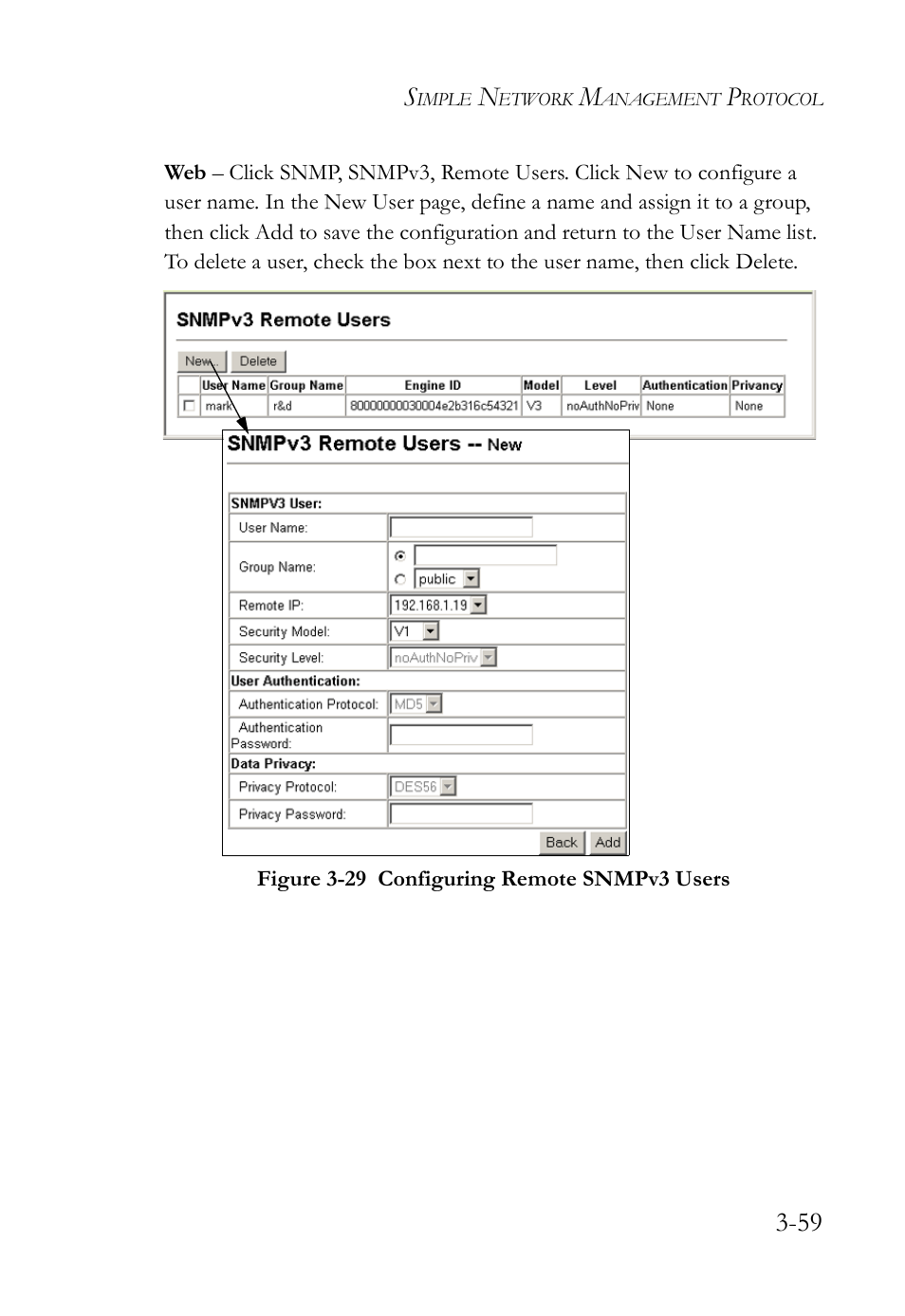 Figure 3-29 configuring remote snmpv3 users -59 | SMC Networks SMC Tiger 10/100 SMC6128L2 User Manual | Page 113 / 606