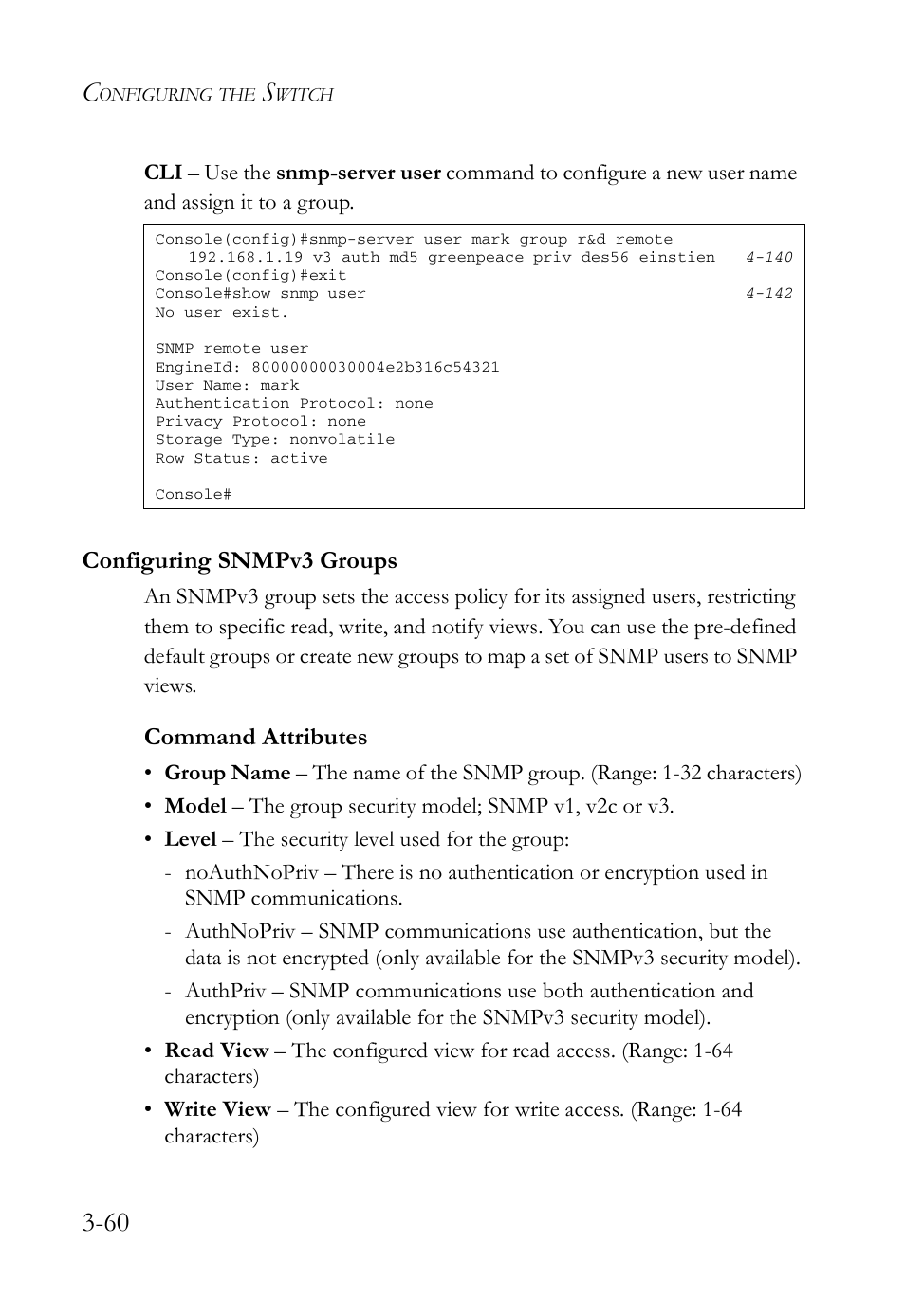 Configuring snmpv3 groups, Configuring snmpv3 groups -60, Command attributes | SMC Networks SMC Tiger 10/100 SMC6128L2 User Manual | Page 114 / 606