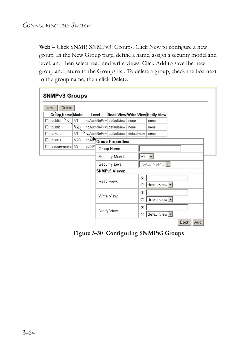 Figure 3-30 configuring snmpv3 groups -64 | SMC Networks SMC Tiger 10/100 SMC6128L2 User Manual | Page 118 / 606