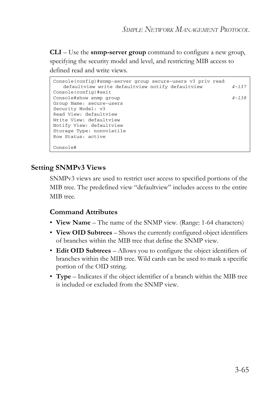 Setting snmpv3 views, Setting snmpv3 views -65, Command attributes | SMC Networks SMC Tiger 10/100 SMC6128L2 User Manual | Page 119 / 606