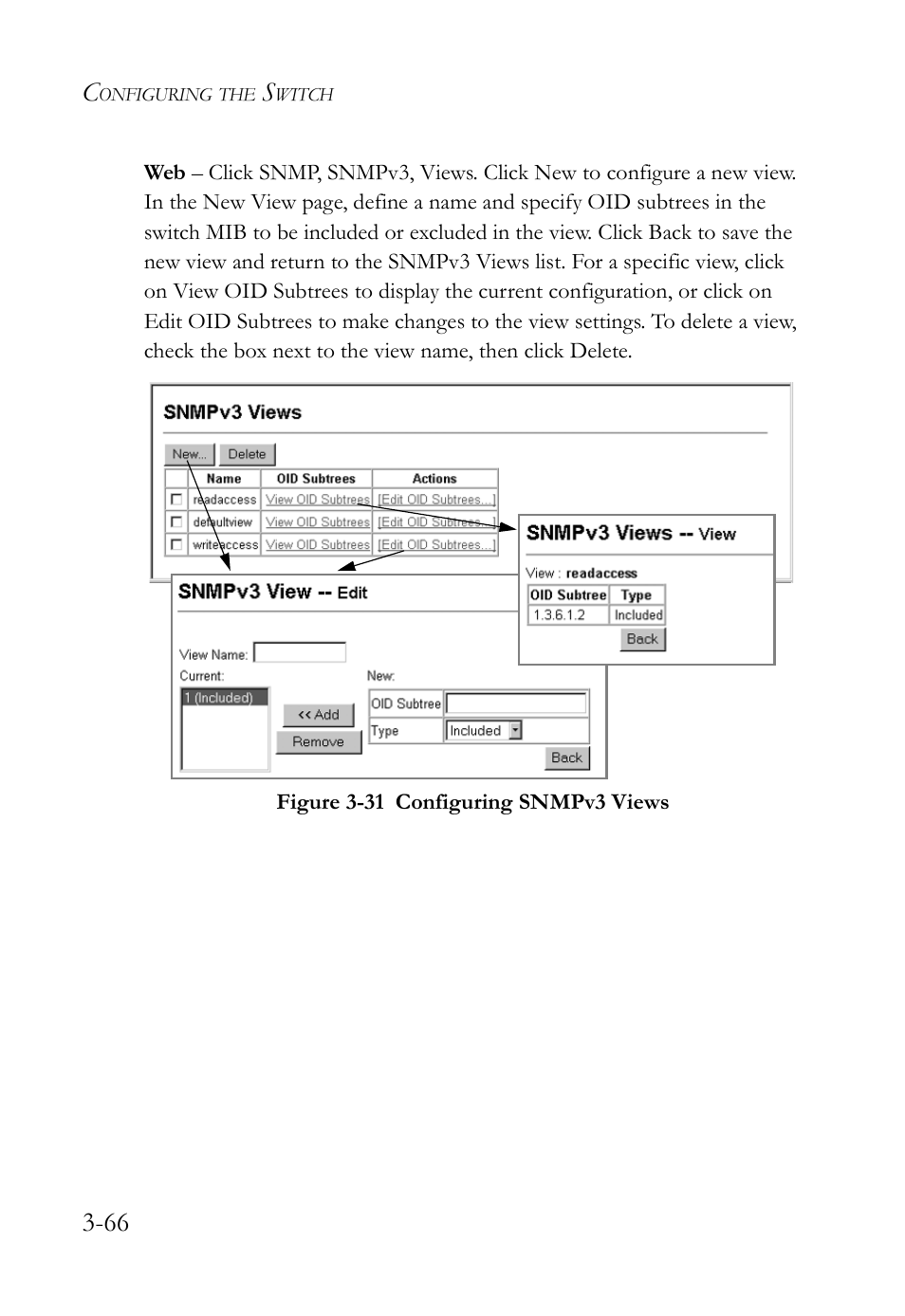 Figure 3-31 configuring snmpv3 views -66 | SMC Networks SMC Tiger 10/100 SMC6128L2 User Manual | Page 120 / 606