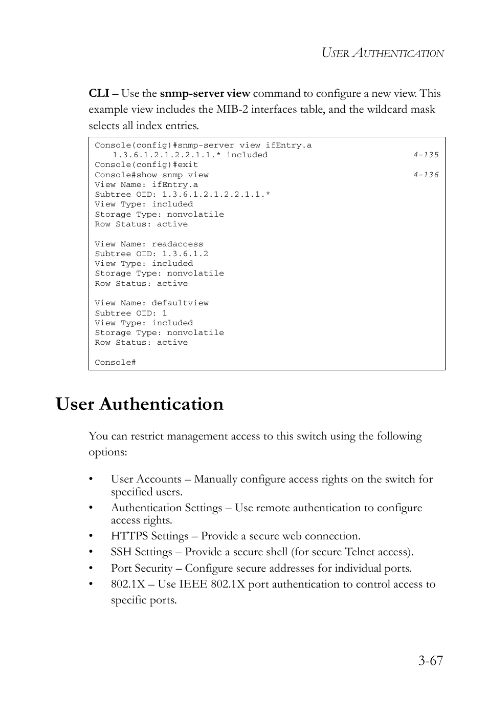 User authentication, User authentication -67 | SMC Networks SMC Tiger 10/100 SMC6128L2 User Manual | Page 121 / 606