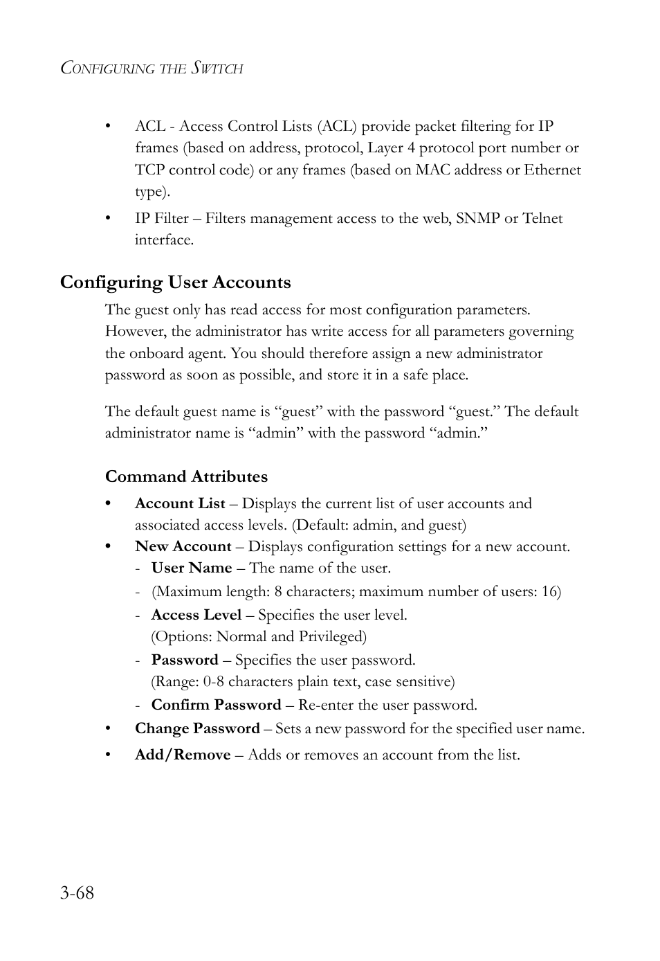 Configuring user accounts, Configuring user accounts -68 | SMC Networks SMC Tiger 10/100 SMC6128L2 User Manual | Page 122 / 606