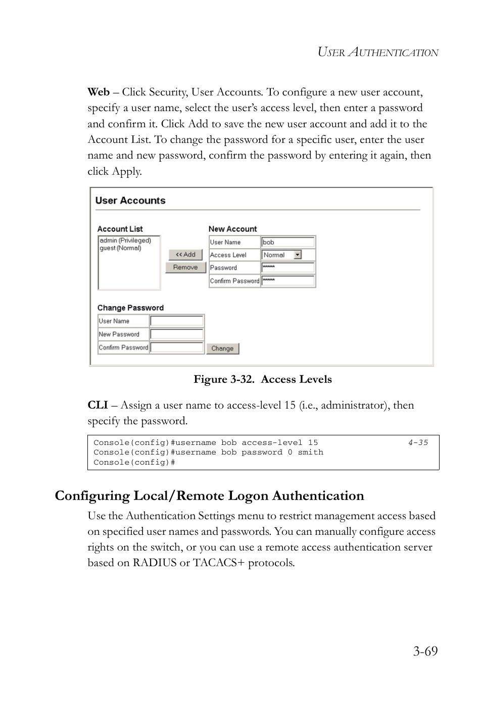 Configuring local/remote logon authentication, Configuring local/remote logon authentication -69, Figure 3-32. access levels -69 | SMC Networks SMC Tiger 10/100 SMC6128L2 User Manual | Page 123 / 606