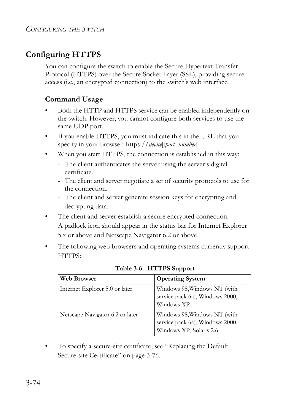 Configuring https, Configuring https -74, Table 3-6. https support -74 | SMC Networks SMC Tiger 10/100 SMC6128L2 User Manual | Page 128 / 606
