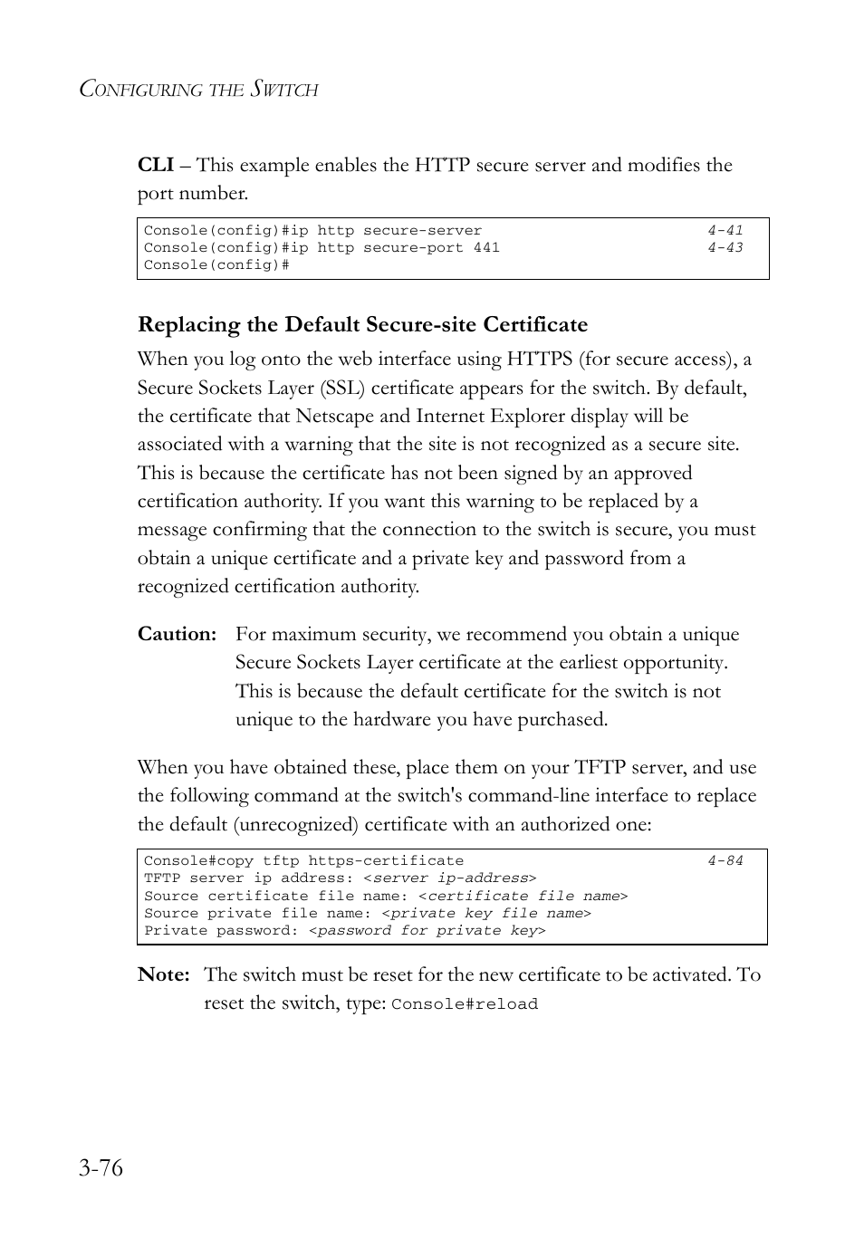Replacing the default secure-site certificate, Replacing the default secure-site certificate -76 | SMC Networks SMC Tiger 10/100 SMC6128L2 User Manual | Page 130 / 606