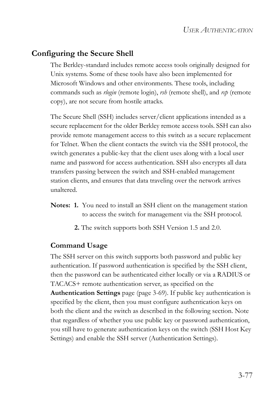 Configuring the secure shell, Configuring the secure shell -77, 77 configuring the secure shell | SMC Networks SMC Tiger 10/100 SMC6128L2 User Manual | Page 131 / 606