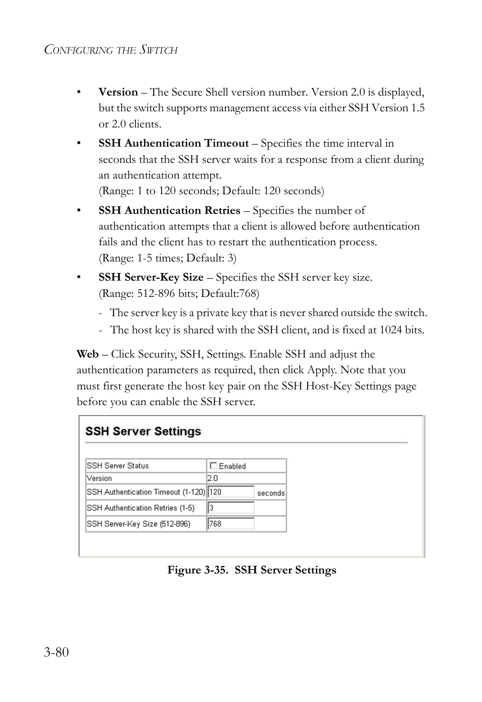 Figure 3-35. ssh server settings -80 | SMC Networks SMC Tiger 10/100 SMC6128L2 User Manual | Page 134 / 606