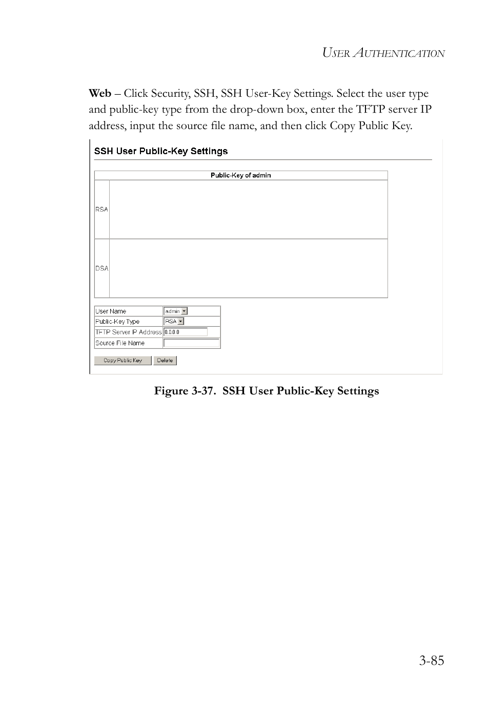 Figure 3-37. ssh user public-key settings -85 | SMC Networks SMC Tiger 10/100 SMC6128L2 User Manual | Page 139 / 606