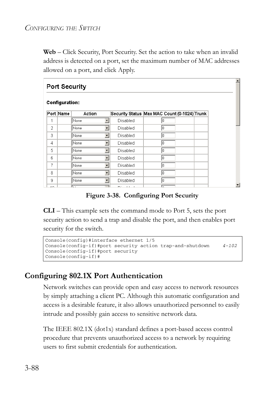 Configuring 802.1x port authentication, Configuring 802.1x port authentication -88, Figure 3-38. configuring port security -88 | SMC Networks SMC Tiger 10/100 SMC6128L2 User Manual | Page 142 / 606