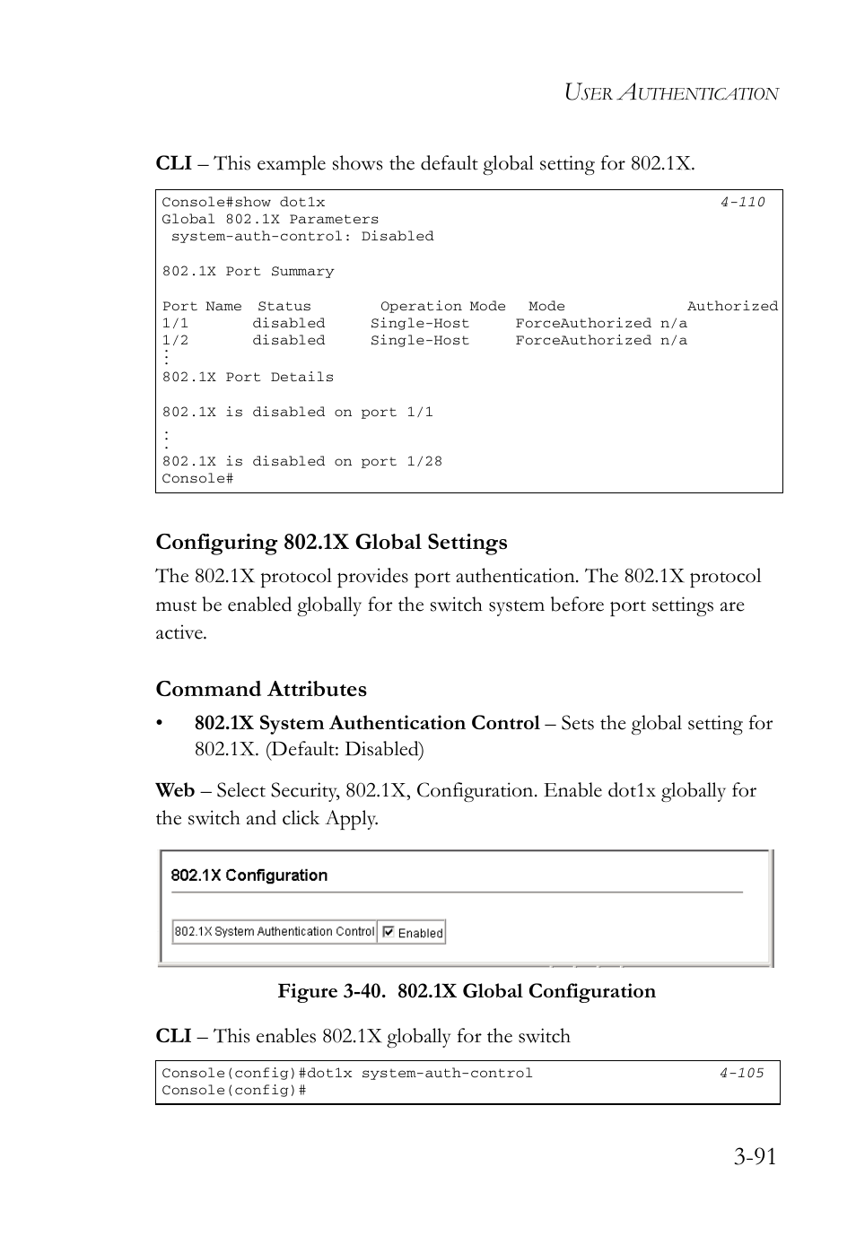 Configuring 802.1x global settings, Configuring 802.1x global settings -91, Figure 3-40. 802.1x global configuration -91 | Command attributes | SMC Networks SMC Tiger 10/100 SMC6128L2 User Manual | Page 145 / 606