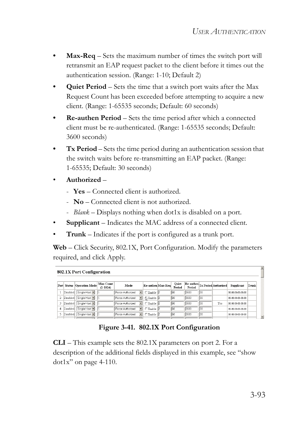 Figure 3-41. 802.1x port configuration -93 | SMC Networks SMC Tiger 10/100 SMC6128L2 User Manual | Page 147 / 606