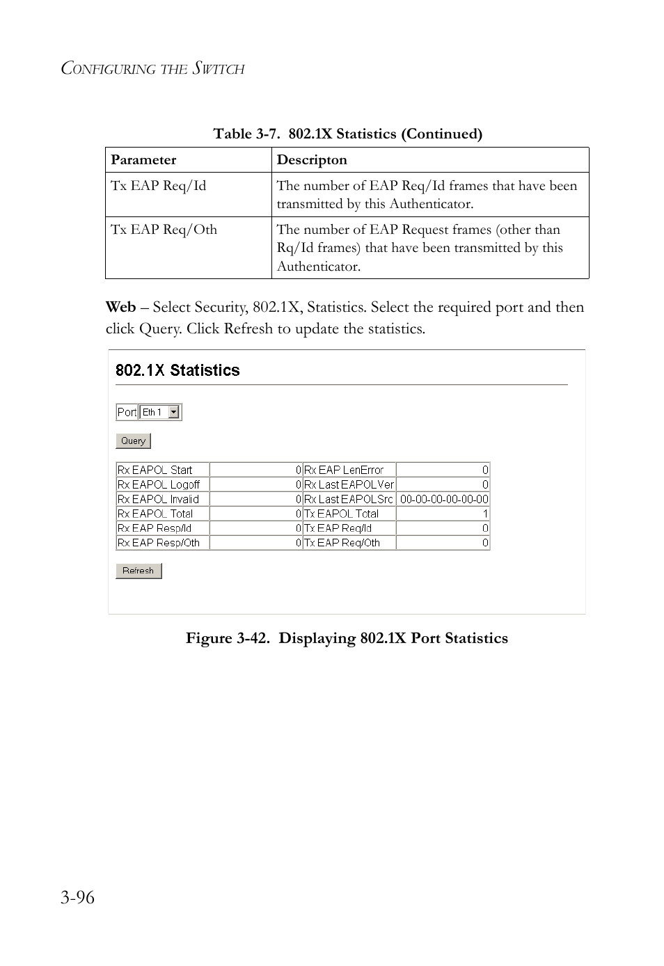 Figure 3-42. displaying 802.1x port statistics -96 | SMC Networks SMC Tiger 10/100 SMC6128L2 User Manual | Page 150 / 606