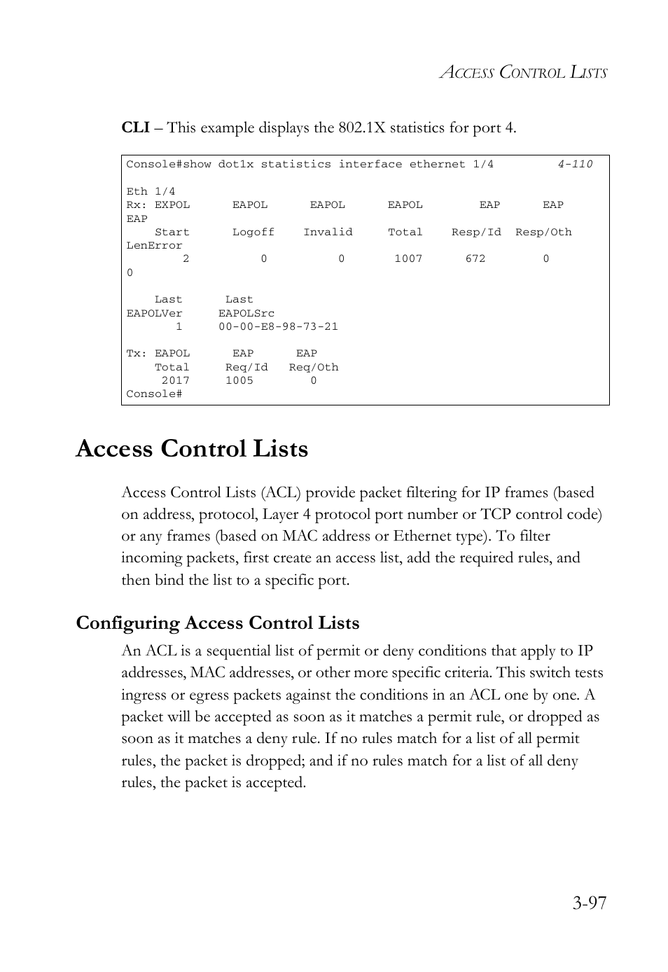 Access control lists, Configuring access control lists, Access control lists -97 | Configuring access control lists -97 | SMC Networks SMC Tiger 10/100 SMC6128L2 User Manual | Page 151 / 606