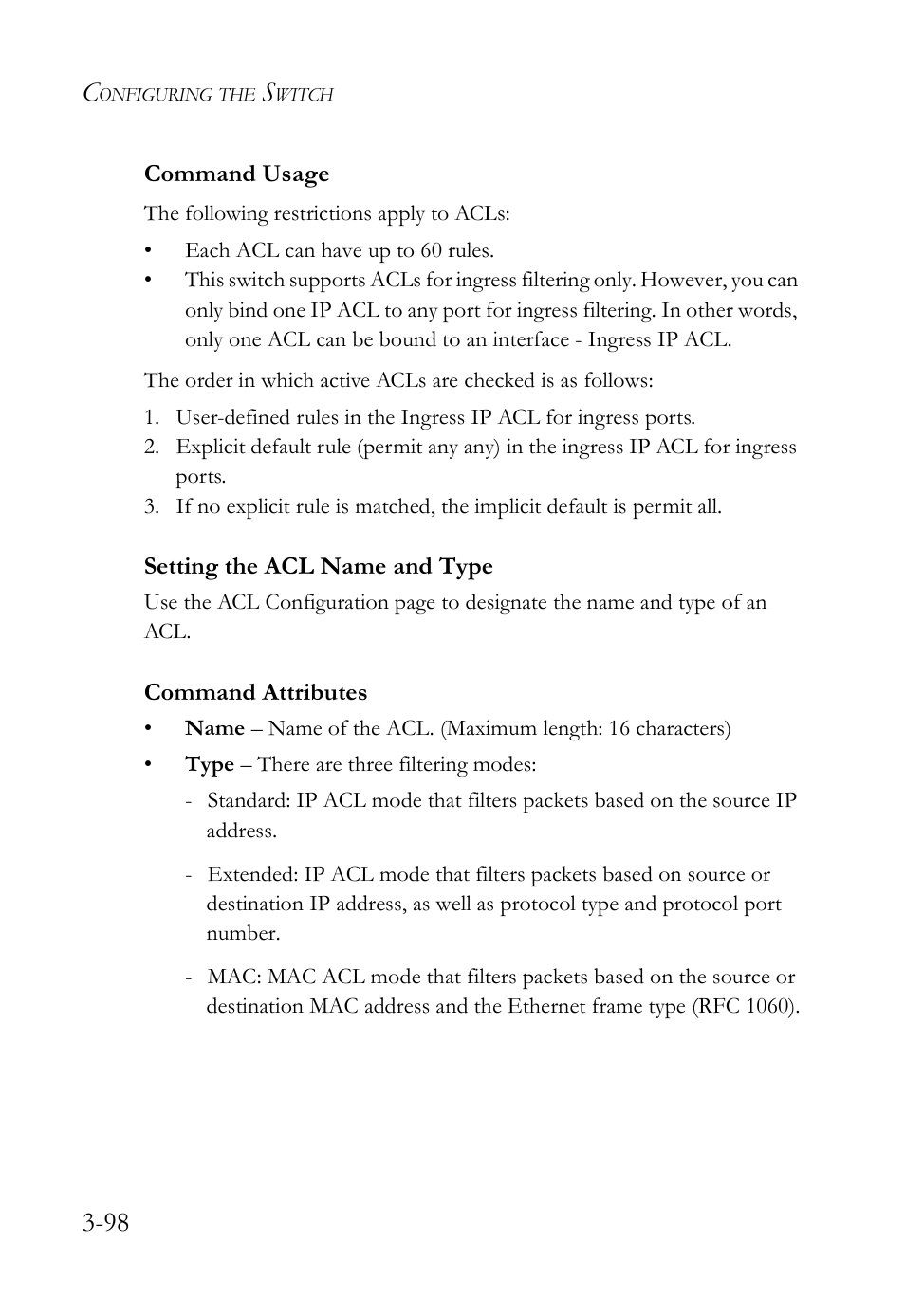Setting the acl name and type, Setting the acl name and type -98 | SMC Networks SMC Tiger 10/100 SMC6128L2 User Manual | Page 152 / 606