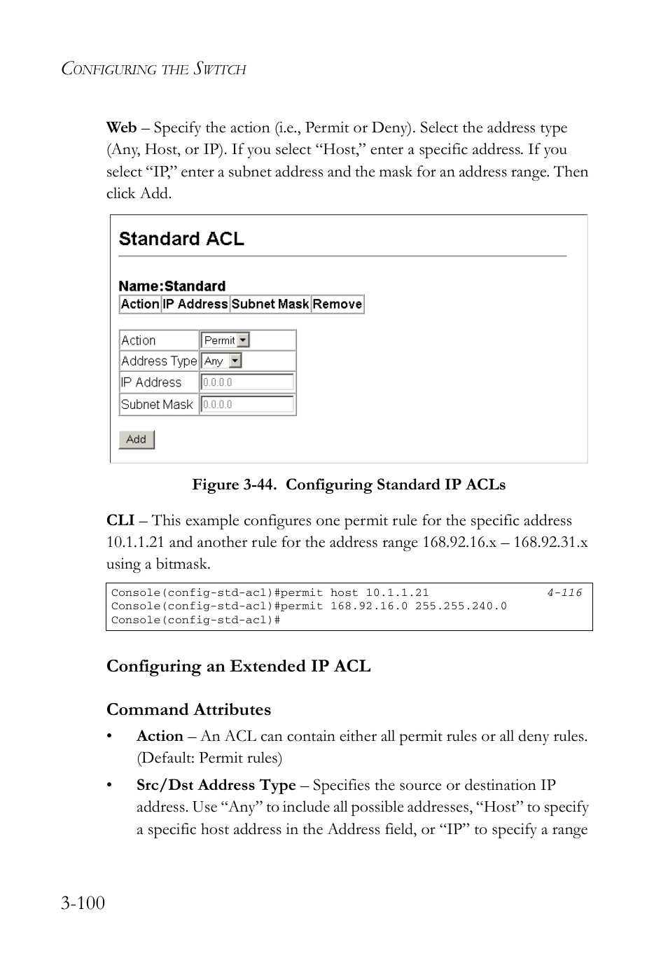 Configuring an extended ip acl, Configuring an extended ip acl -100, Figure 3-44. configuring standard ip acls -100 | SMC Networks SMC Tiger 10/100 SMC6128L2 User Manual | Page 154 / 606