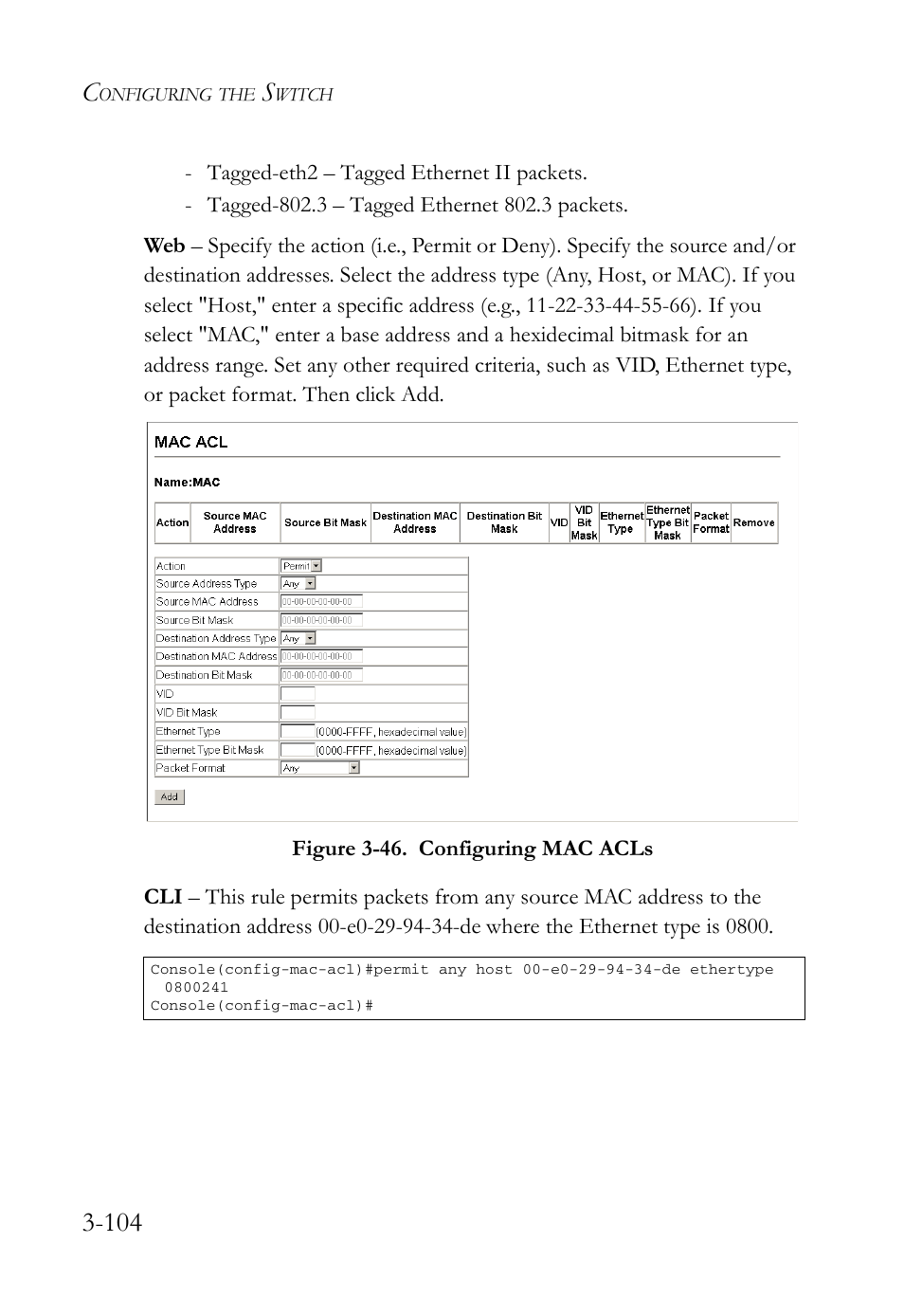 Figure 3-46. configuring mac acls -104 | SMC Networks SMC Tiger 10/100 SMC6128L2 User Manual | Page 158 / 606