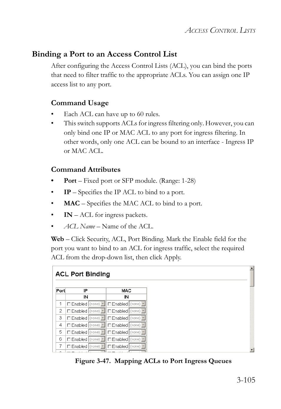 Binding a port to an access control list, Binding a port to an access control list -105, 105 binding a port to an access control list | SMC Networks SMC Tiger 10/100 SMC6128L2 User Manual | Page 159 / 606