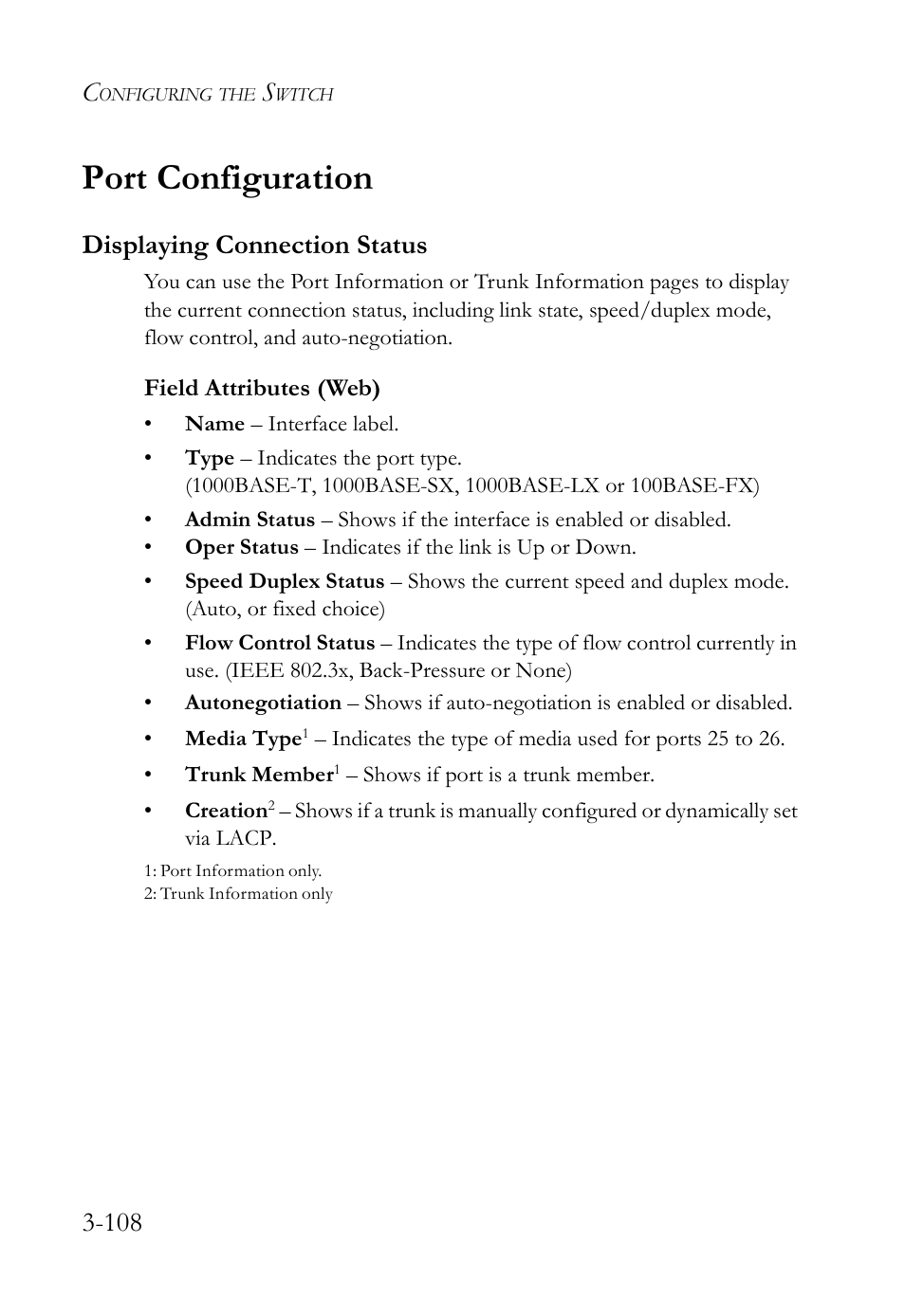 Port configuration, Displaying connection status, Port configuration -108 | Displaying connection status -108 | SMC Networks SMC Tiger 10/100 SMC6128L2 User Manual | Page 162 / 606