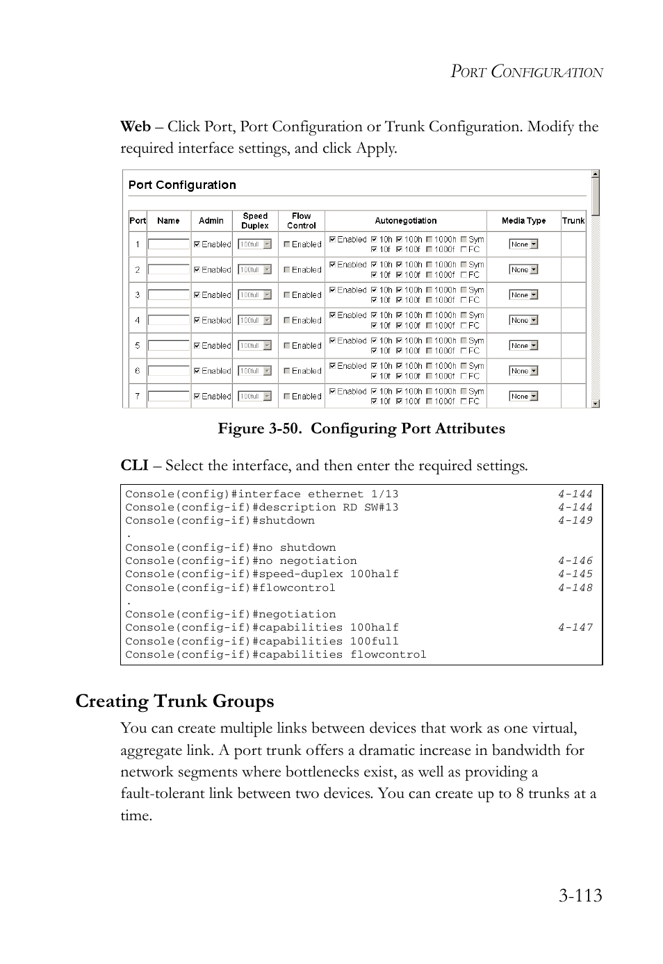 Creating trunk groups, Creating trunk groups -113, Figure 3-50. configuring port attributes -113 | SMC Networks SMC Tiger 10/100 SMC6128L2 User Manual | Page 167 / 606