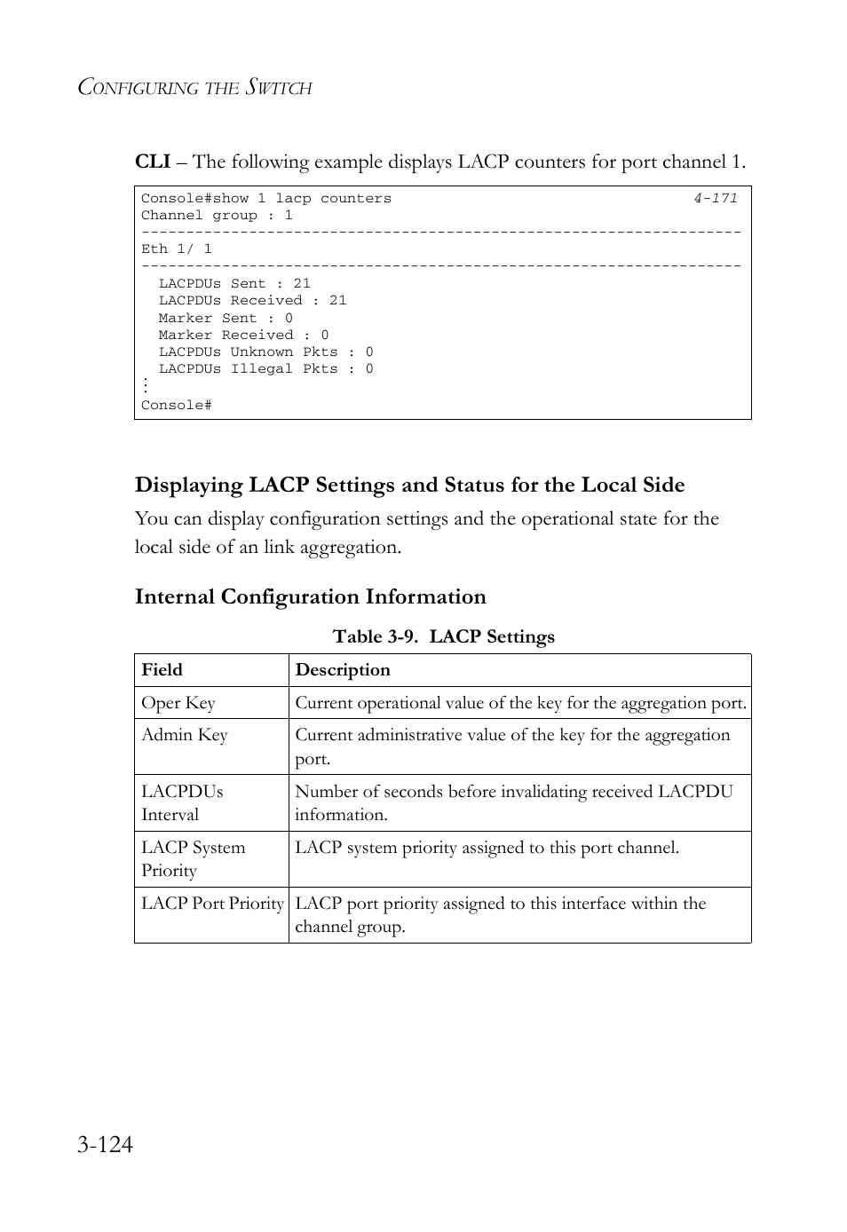 Table 3-9. lacp settings -124, Internal configuration information | SMC Networks SMC Tiger 10/100 SMC6128L2 User Manual | Page 178 / 606