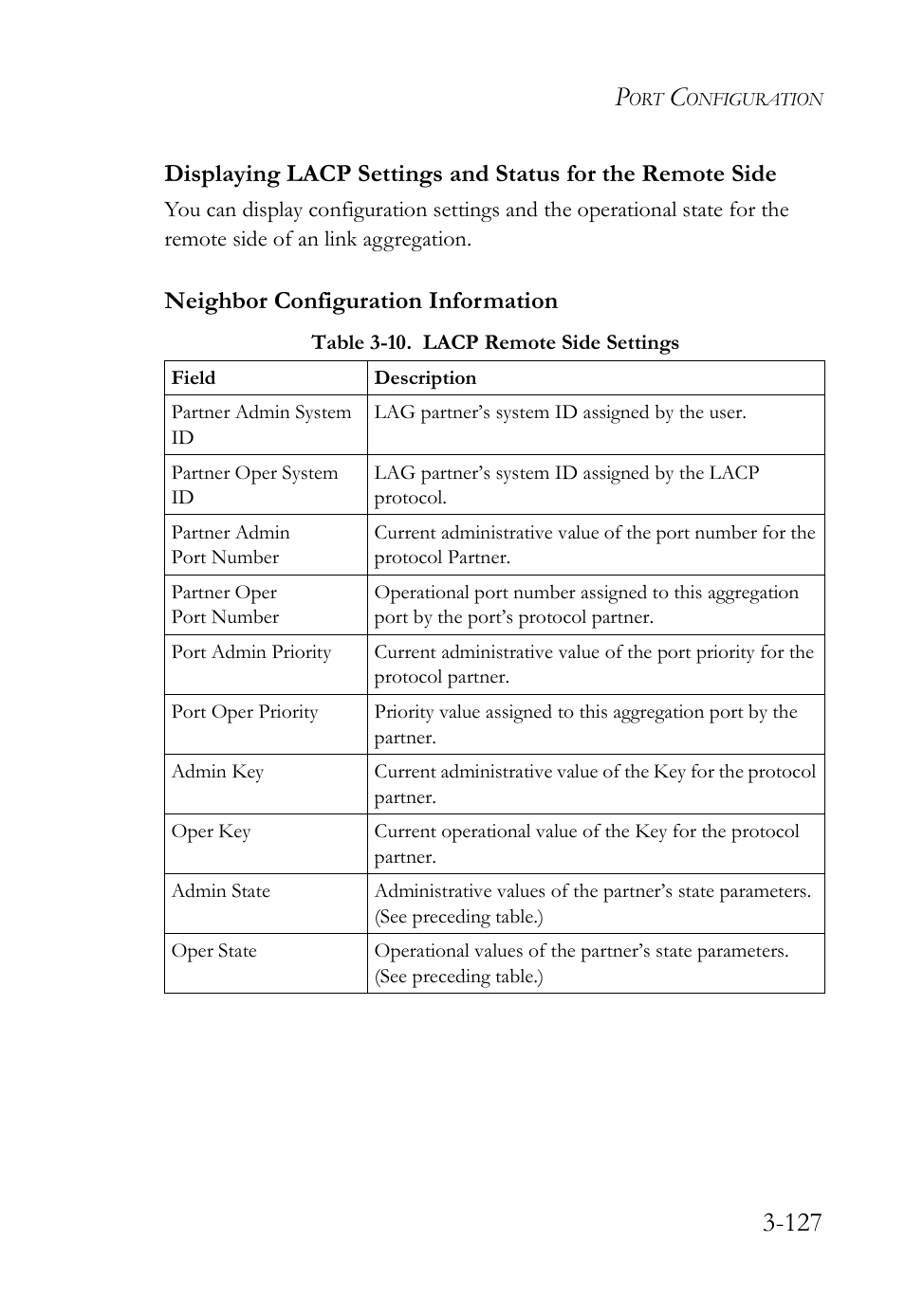 Displaying lacp settings and status for the remote, Side -127, Table 3-10. lacp remote side settings -127 | Neighbor configuration information | SMC Networks SMC Tiger 10/100 SMC6128L2 User Manual | Page 181 / 606