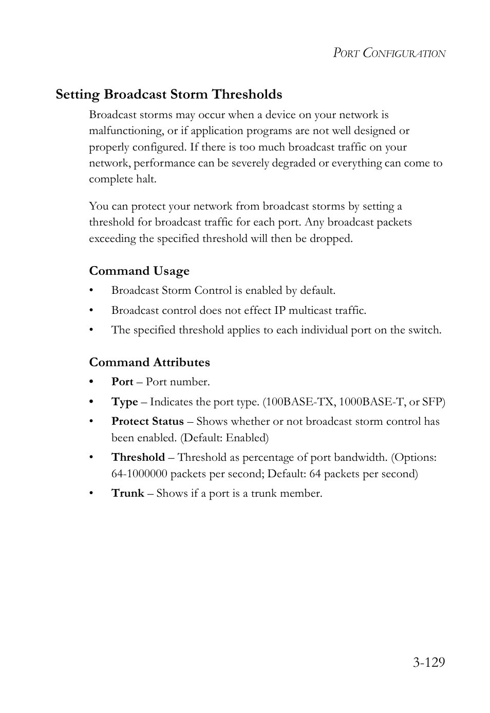 Setting broadcast storm thresholds, Setting broadcast storm thresholds -129, 129 setting broadcast storm thresholds | SMC Networks SMC Tiger 10/100 SMC6128L2 User Manual | Page 183 / 606