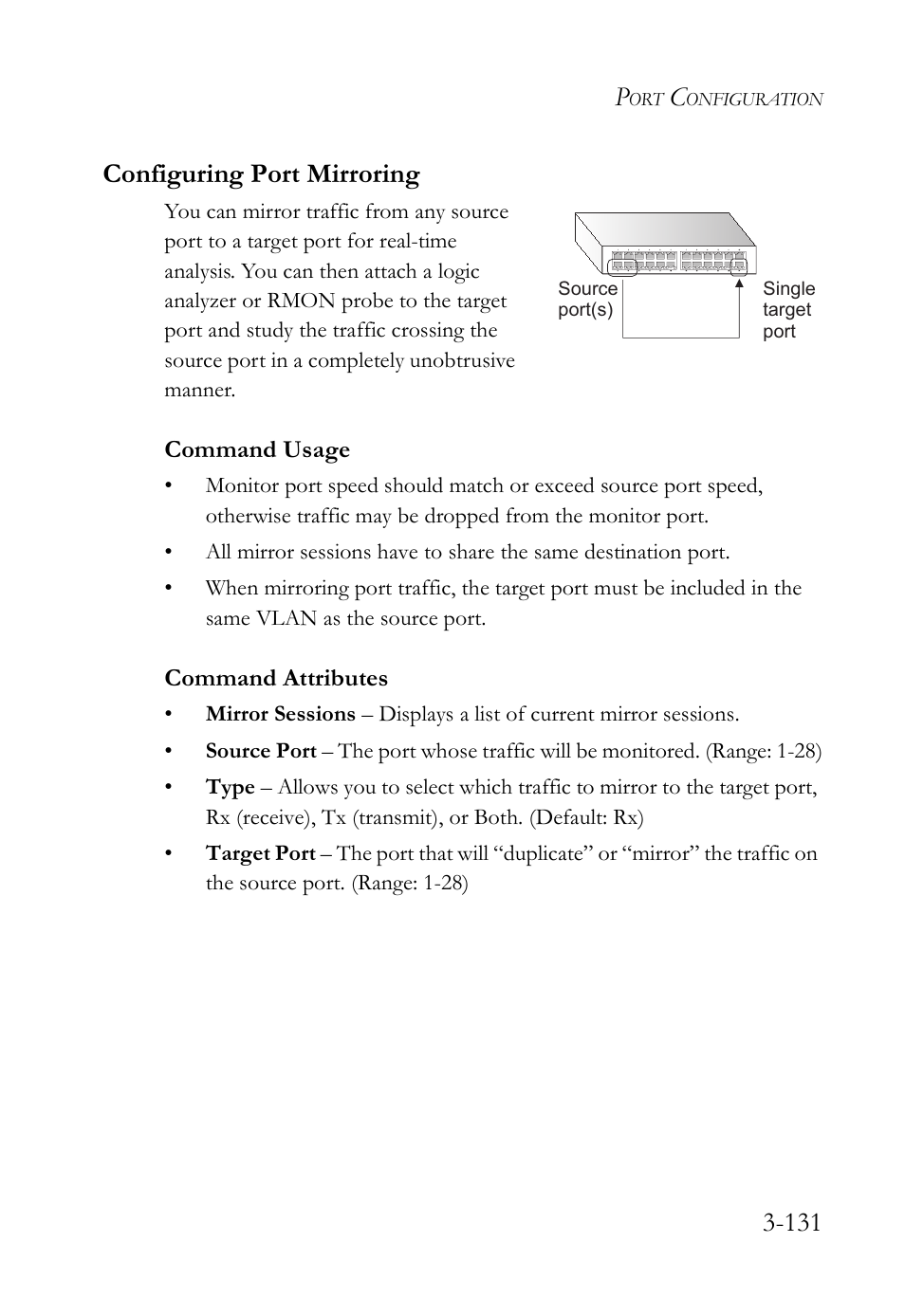Configuring port mirroring, Configuring port mirroring -131, 131 configuring port mirroring | SMC Networks SMC Tiger 10/100 SMC6128L2 User Manual | Page 185 / 606
