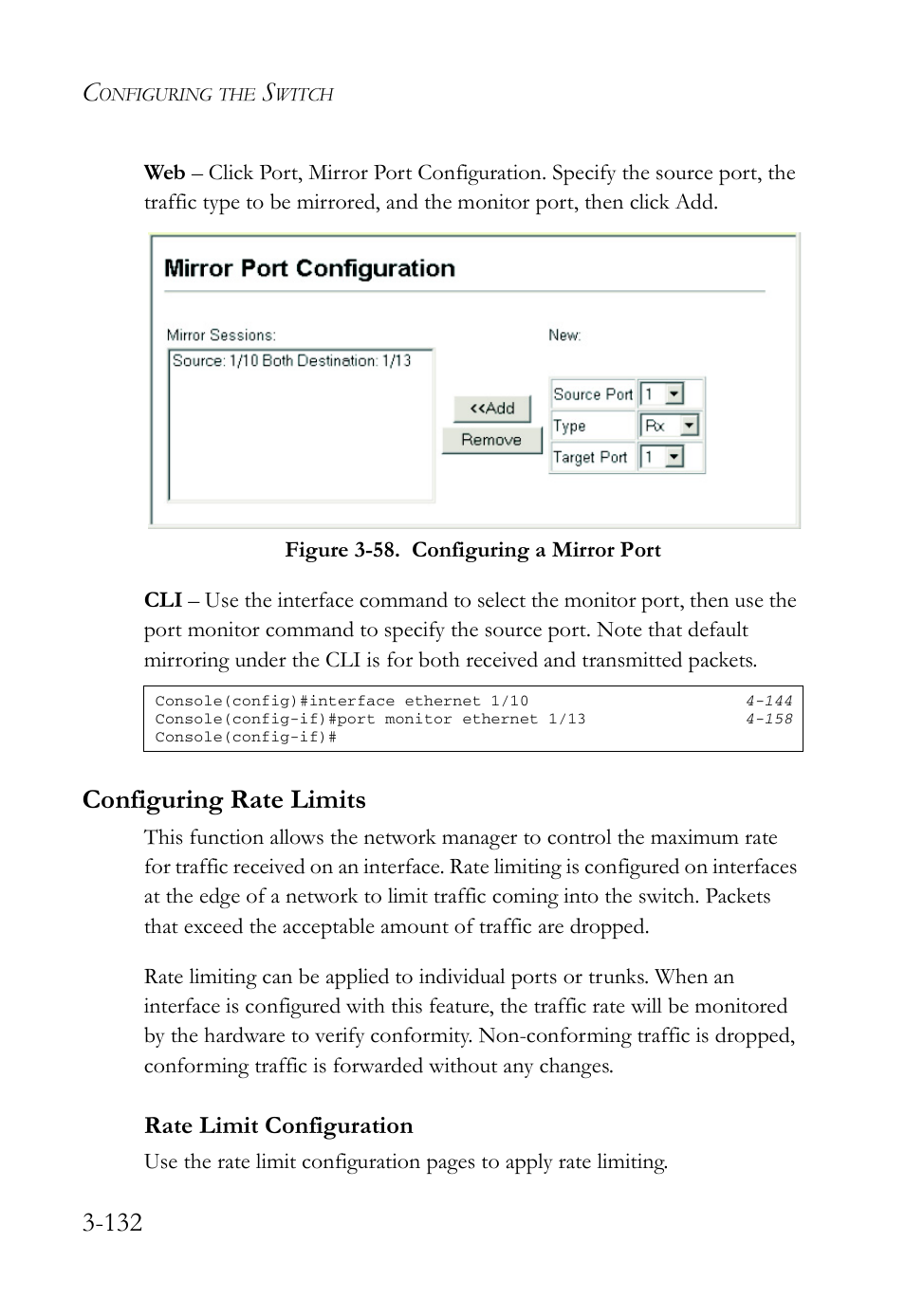Configuring rate limits, Rate limit configuration, Configuring rate limits -132 | Rate limit configuration -132, Figure 3-58. configuring a mirror port -132 | SMC Networks SMC Tiger 10/100 SMC6128L2 User Manual | Page 186 / 606
