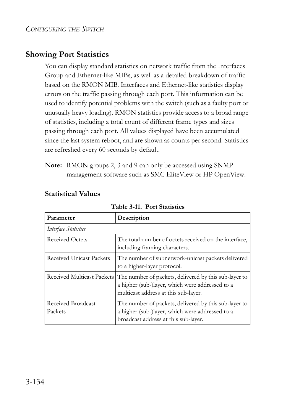 Showing port statistics, Showing port statistics -134, Table 3-11. port statistics -134 | 134 showing port statistics | SMC Networks SMC Tiger 10/100 SMC6128L2 User Manual | Page 188 / 606