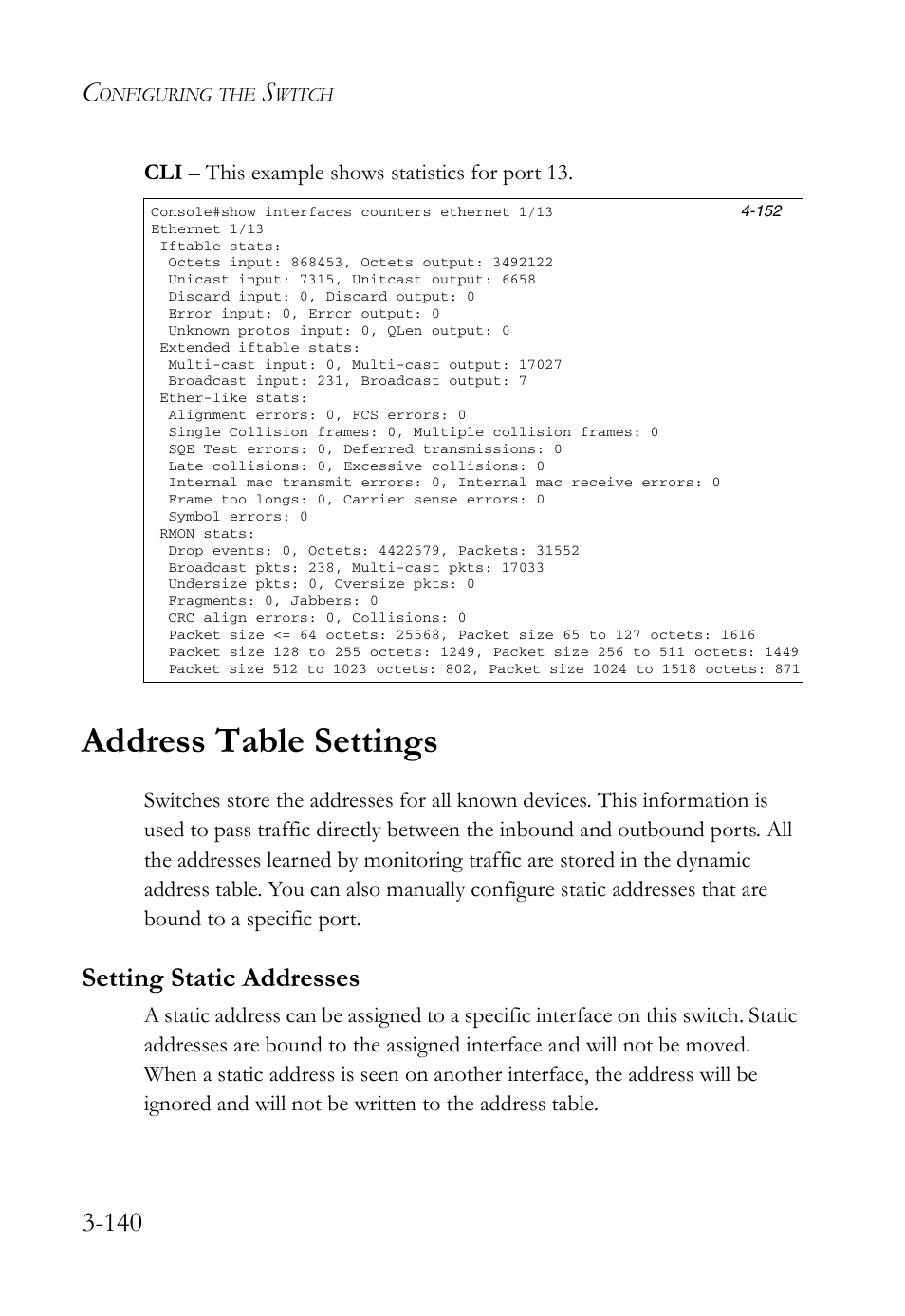 Address table settings, Setting static addresses, Address table settings -140 | Setting static addresses -140 | SMC Networks SMC Tiger 10/100 SMC6128L2 User Manual | Page 194 / 606
