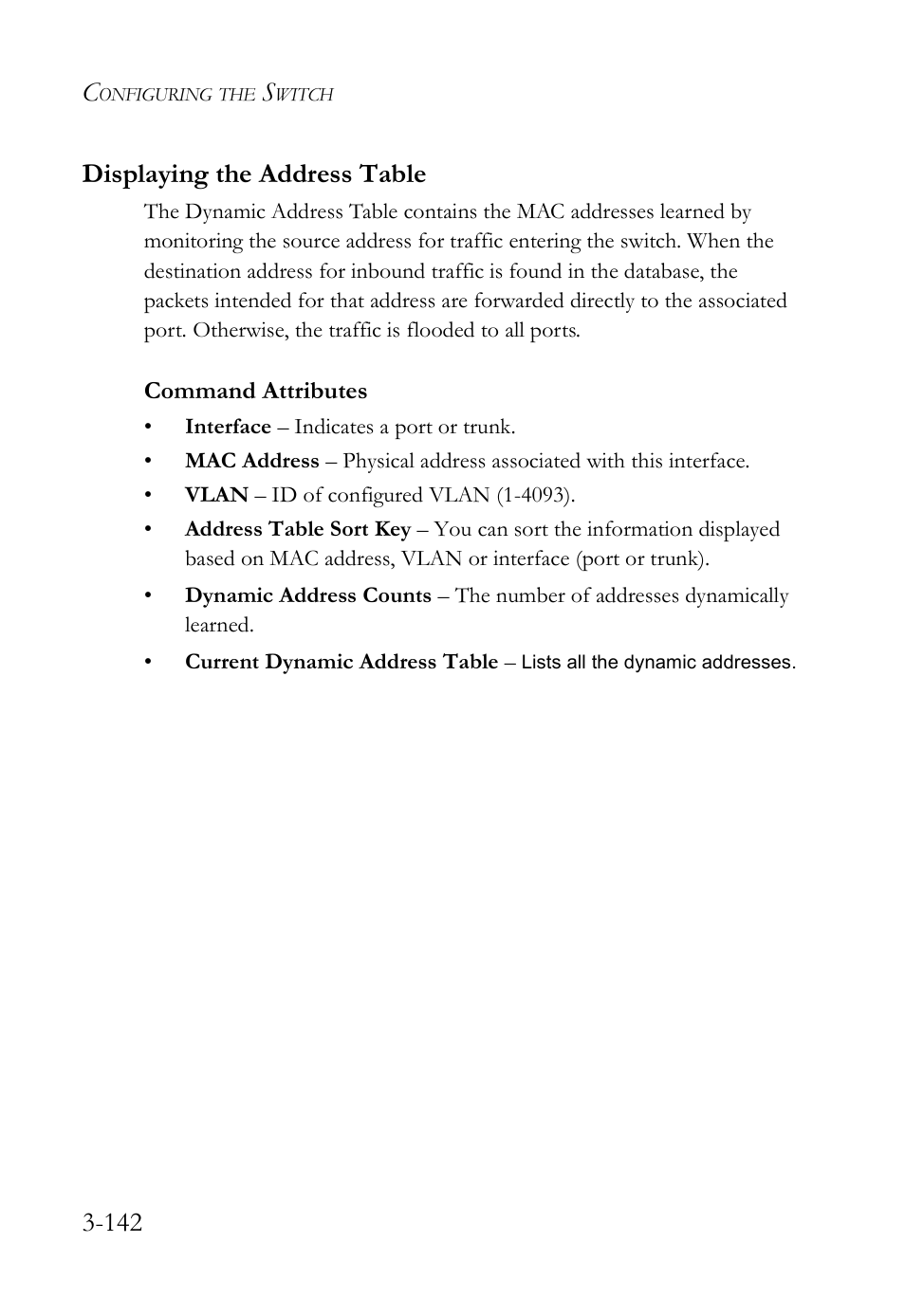 Displaying the address table, Displaying the address table -142, 142 displaying the address table | SMC Networks SMC Tiger 10/100 SMC6128L2 User Manual | Page 196 / 606