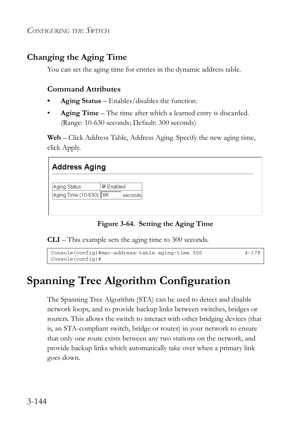 Changing the aging time, Spanning tree algorithm configuration, Changing the aging time -144 | Spanning tree algorithm configuration -144, Figure 3-64. setting the aging time -144, 144 changing the aging time | SMC Networks SMC Tiger 10/100 SMC6128L2 User Manual | Page 198 / 606