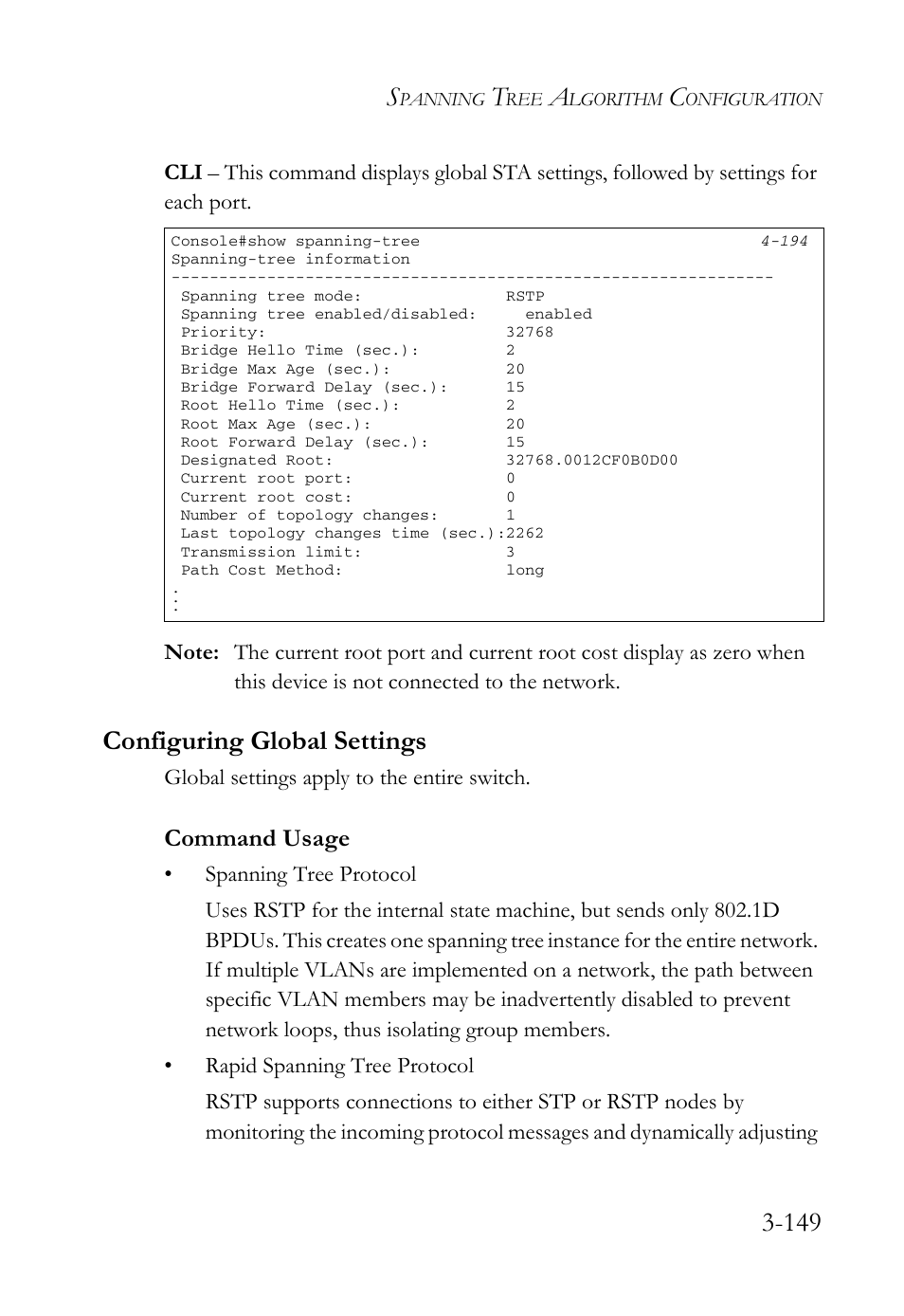 Configuring global settings, Configuring global settings -149, Command usage | SMC Networks SMC Tiger 10/100 SMC6128L2 User Manual | Page 203 / 606