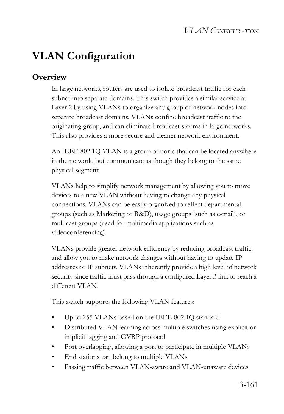 Vlan configuration, Overview, Vlan configuration -161 | Overview -161, Vlan c | SMC Networks SMC Tiger 10/100 SMC6128L2 User Manual | Page 215 / 606