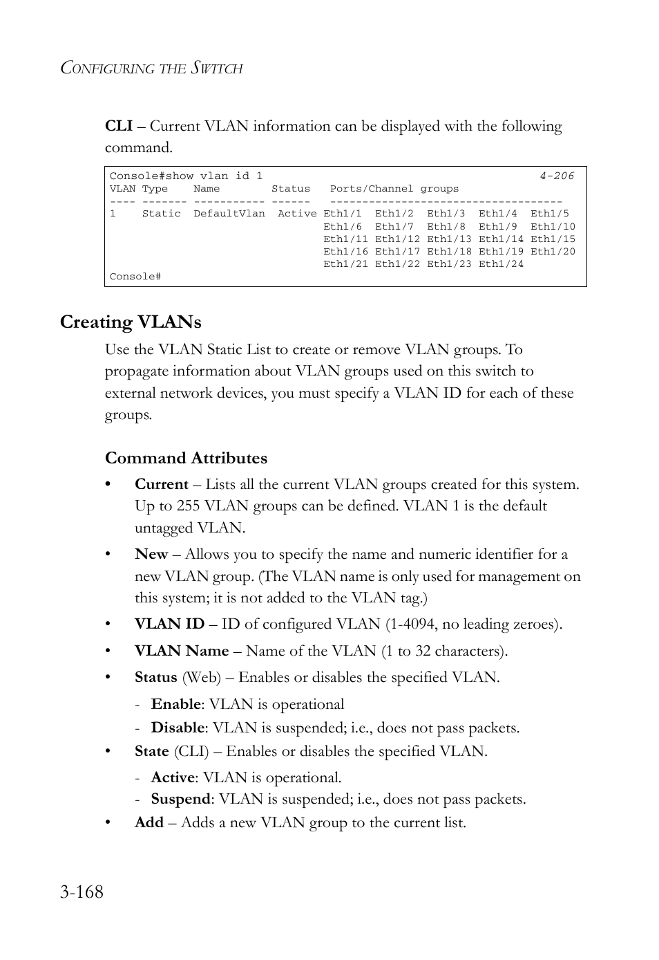 Creating vlans, Creating vlans -168 | SMC Networks SMC Tiger 10/100 SMC6128L2 User Manual | Page 222 / 606