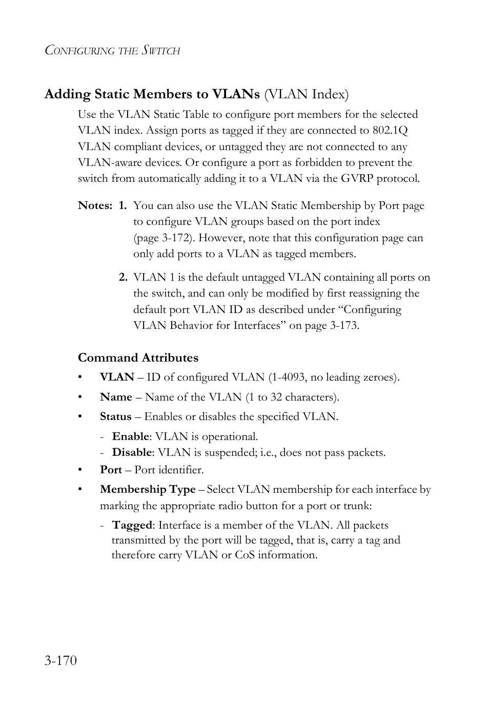 Adding static members to vlans (vlan index), Adding static members to vlans (vlan index) -170, 170 adding static members to vlans (vlan index) | SMC Networks SMC Tiger 10/100 SMC6128L2 User Manual | Page 224 / 606