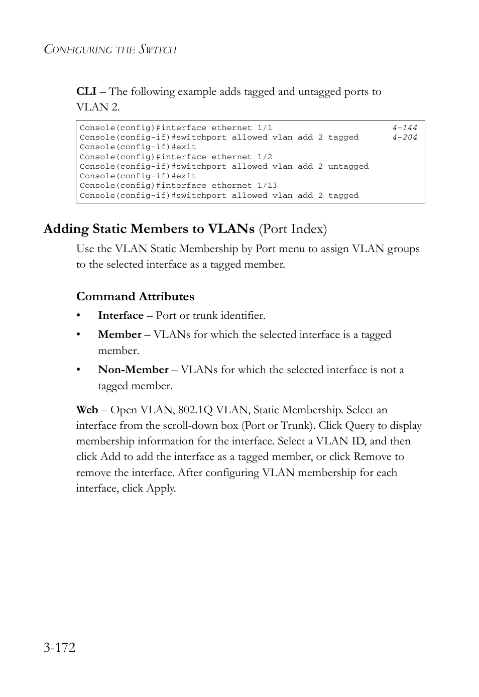 Adding static members to vlans (port index), Adding static members to vlans (port index) -172, Command attributes | SMC Networks SMC Tiger 10/100 SMC6128L2 User Manual | Page 226 / 606