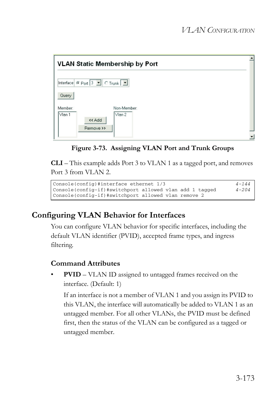 Configuring vlan behavior for interfaces, Configuring vlan behavior for interfaces -173, Vlan c | Command attributes | SMC Networks SMC Tiger 10/100 SMC6128L2 User Manual | Page 227 / 606